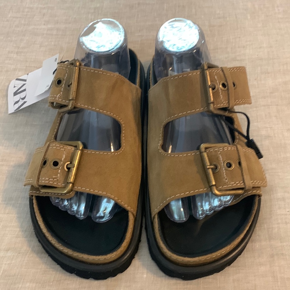 ZARA Tan Brown Leather Buckle Style Slip-On Sandals.  Size 40. US Size 9.  NWTS.